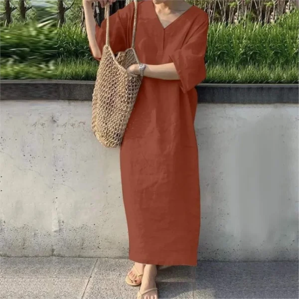 Cotton And Linen Dress For Women 2024 Summer Short Sleeve V-neck Solid Color Casual Loose Long Dress Elegant Women's Clothing - Imagen 3