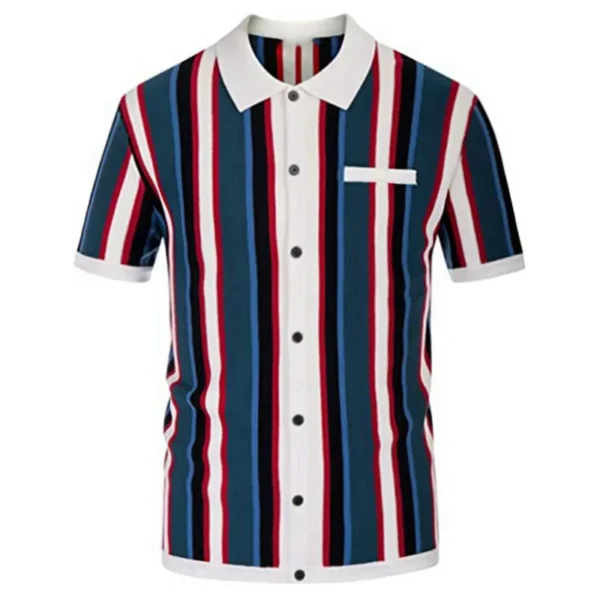 New Men's Summer Cardigan Knitted T-shirt Business High-end Slim Short Sleeve Lapel Striped Casual Fashion Polo Shirt Men M-3XL - Imagen 5