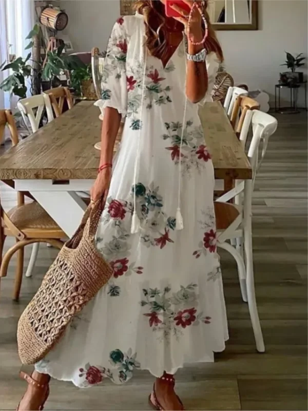 2024 Women Vintage Print Bohemian Dress Summer Fashion V Neck Half Sleeves Long Dresses Female Casual Holiday Beach Dresses - Imagen 6