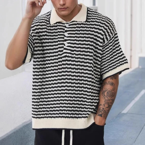 Stylish Contrast Color Striped Knit Polo Shirt Men Summer Casual Knitted Short Sleeve Jumper Top Mens Vintage Button Lapel Polos - Imagen 2