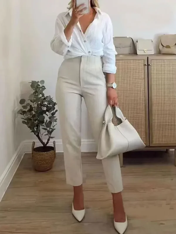 TRZA High Waist Solid Pants for Women Casual Basic Ankle Trousers with Pockets Zipper Fly Office Wear Pants Pantalones Mujer - Imagen 4