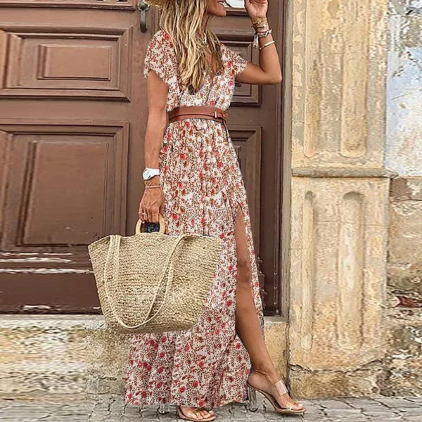 2024 Summer Bohemian Women's Long Dress V Neck Short Sleeve Floral Printed Beach Elegant Vintage Dress with Belt - Imagen 4