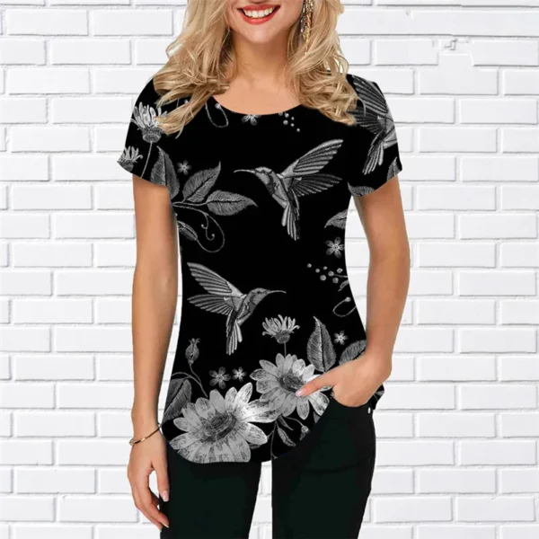Women birdie Print Shirts Summer Short Sleeve Street 3D Style Ladies Blouses Loose Casual Round-Neck Oversized Pullovers Tops - Imagen 2