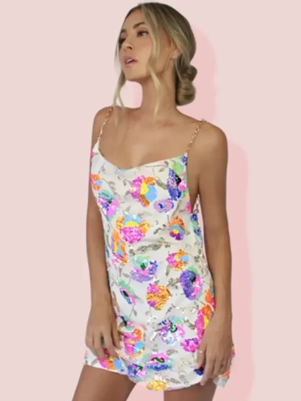 Sequin Sexy Elegant Dress Women Chain Spaghetti Strap Low Cut Backless Short Dress Summer Bohemian Party Dresses Female - Imagen 4
