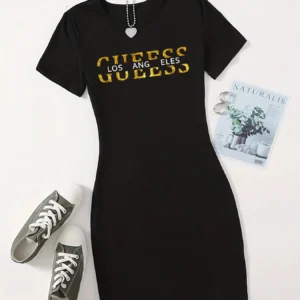 Summer Ladies GUEESS Los Angeles Printed Casual Sexy Slim Fit Hip hugging Short Sleeve Round Neck T-shirt Short Mini Skirt