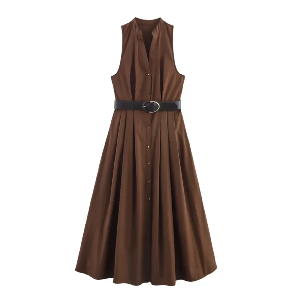 BM&MD&ZA2025V-neck sleeveless with belt large swing solid color casual single-breasted dress summer new women's clothing