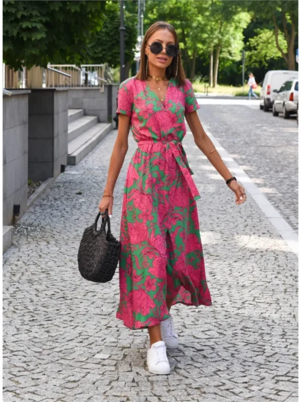 Women Floral Print Long Dresses Summer Sexy V Neck Split Lace-up Dress Female Casual Elegant Short Sleeve Beach Dress Vestidos - Imagen 2