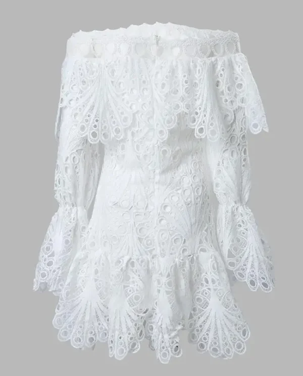 Elegant Dresses for Women Eyelet Embroidery Off Shoulder Ruffle Hem Party Mini Dress A Line New Fashion 2023 Summer Casual - Imagen 3