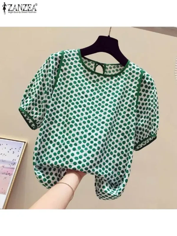 ZANZEA Casual Loose Women Blusas Mujer 2024 Summer Stylish Tied Back O Neck Puff Sleeve Tunic Tops Polka Dot Elegant Blouses - Imagen 2