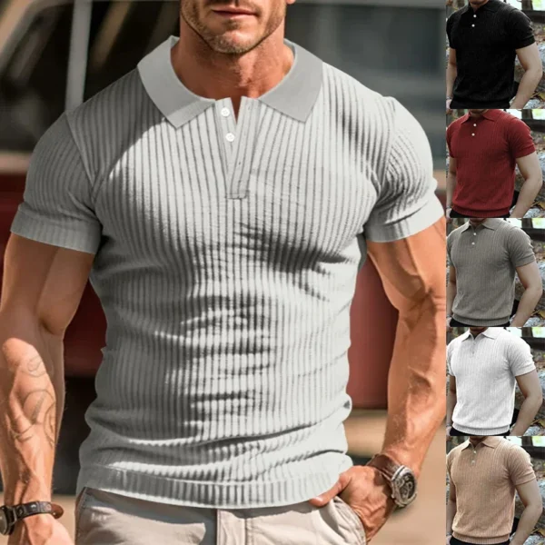 2025 Summer Men's Clothing Knit Men's Polo Shirt Business Casual Striped Lapel Short Sleeve Henry Shirt T-shirt Comfortable - Imagen 2
