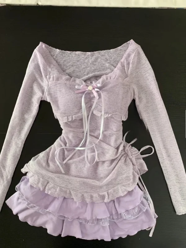 Summer Sexy 2 Piece Dress Set Women Elegant See Through Bodycon T-shirts + Lace Slim Strap Dress 2000s American Vintage Suits