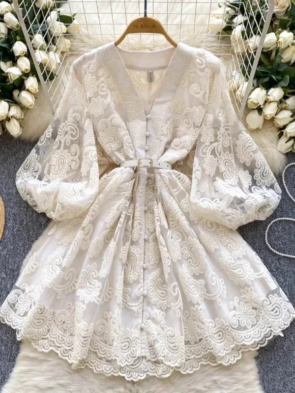 France Elegant Vintage Palace Evening Dress Women Embroidery Sashes Short Party Dress Female Design Casual Holiday Clothing New - Imagen 3