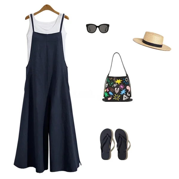 Women Straps Jumpsuit Summer Solid Color Wide Leg Pants Dungaree Bib Overalls Casual Loose Sleeveless Cotton Linen Jumpsuits 5Xl - Imagen 5