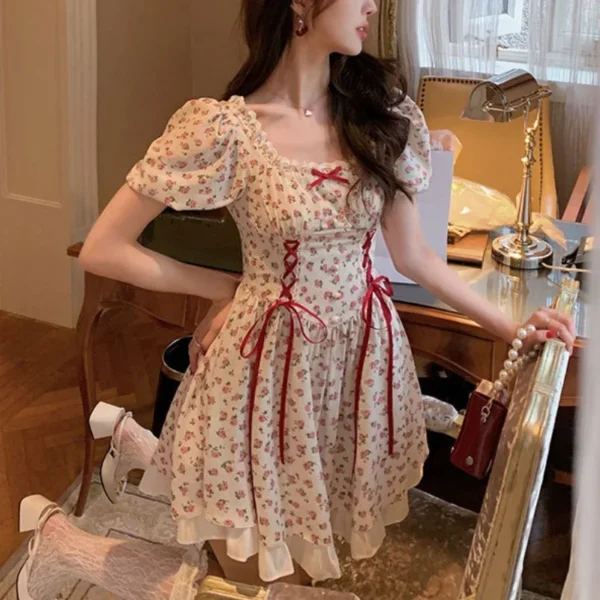 Cute Florals Dress Women Vintage Cottagecore Y2k Puff Sleeve Square Collar Lace-up High Waist Corset Dress Female - Imagen 3