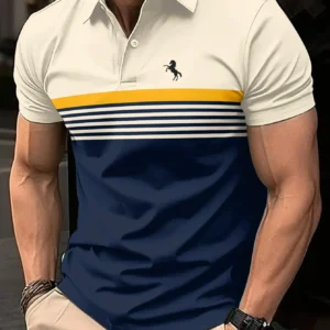 2025 Fashion Men'S Casual Striped Polo Shirt, 100% Polyester Fabric, Regular Fit with Slight Stretch, Button Collar, 180gsm