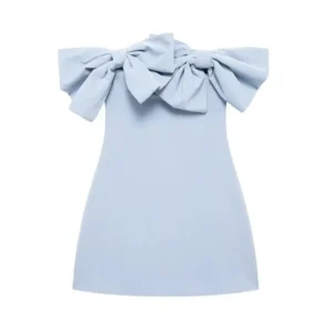 TRZA-Strapless Mini Dress with Bows for Women, Off the Shoulder, Straight Neck, Back Zipper, Female Dresses, Sexy Fashion