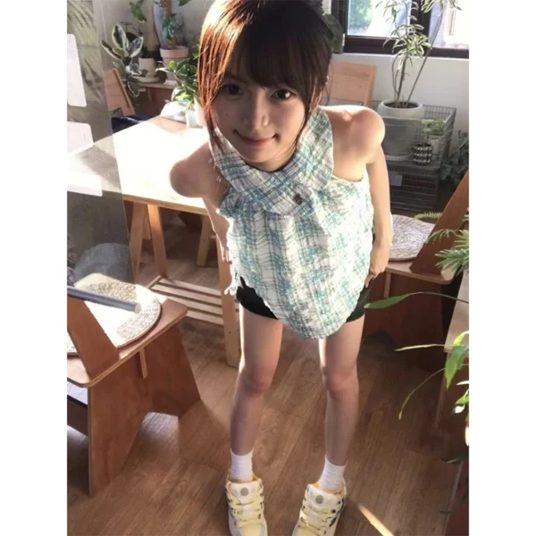 MEXZT Vintage Plaid Shirts Women Harajuku Aesthetic Halter Blouses Summer Streetwear Korean Sleeveless Design Casual Tops New - Imagen 4