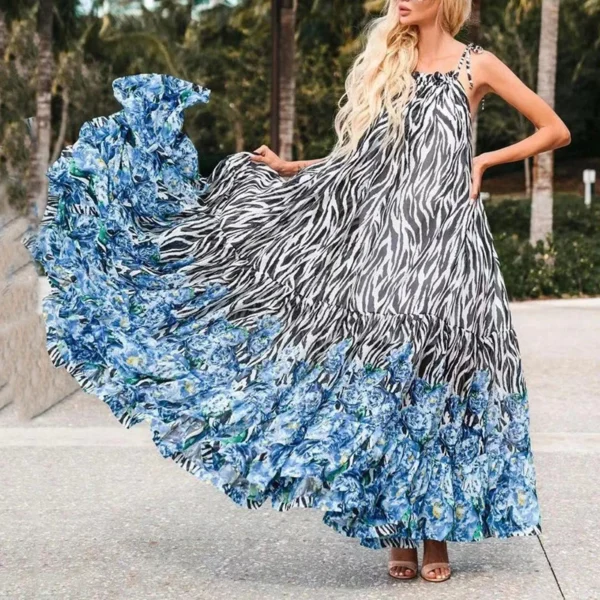 Sexy Summer Party Dress Women Fashion Bow Straps High Waist Pleated Beach Dress Chiffon Casual Floral Print Bohemian Long Dress - Imagen 5