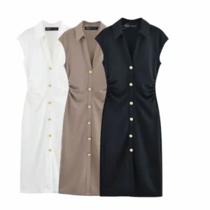 ETJ2025 spring and summer new TRAF women's elegant fashion bead cloth shirt-style short-sleeved V-neck slim-fit dress long skirt