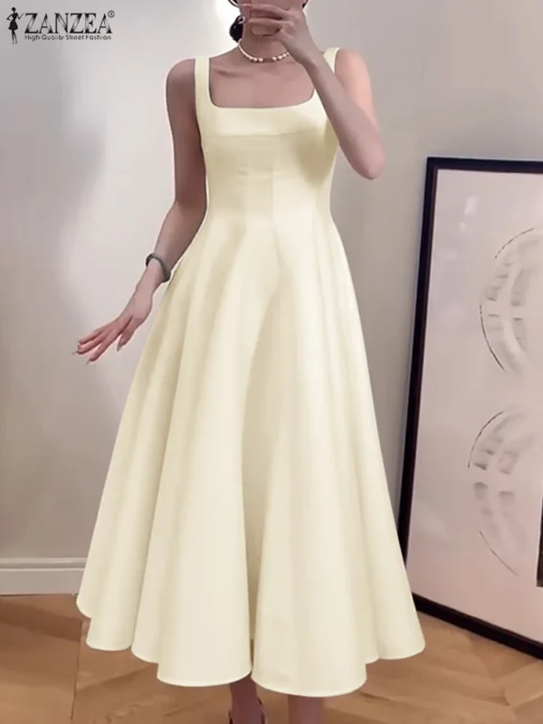 ZANZEA Women Sleeveless Tank Dress Vintage Solid A-line Dresses 2024 Summer Holiday Waisted Robe Casual Square Collar Midi Robe - Imagen 4