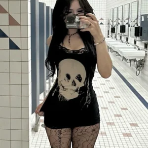 AltGoth Cyber Punk Gothic Dress Women Streetwear Harajuku Skull Printed Sleeveless High Waist Bodycon Dress Grunge Rave Outfits