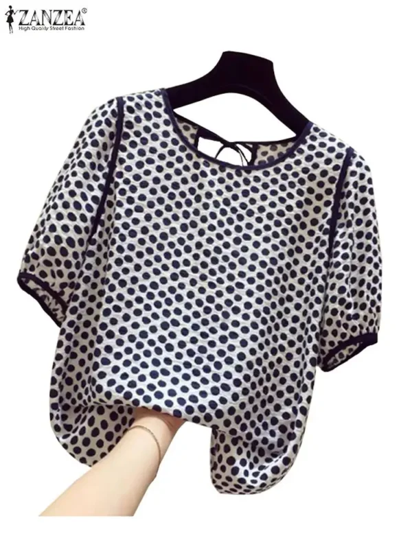 ZANZEA Casual Loose Women Blusas Mujer 2024 Summer Stylish Tied Back O Neck Puff Sleeve Tunic Tops Polka Dot Elegant Blouses - Imagen 4