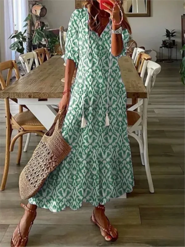 2024 Women Vintage Print Bohemian Dress Summer Fashion V Neck Half Sleeves Long Dresses Female Casual Holiday Beach Dresses - Imagen 3