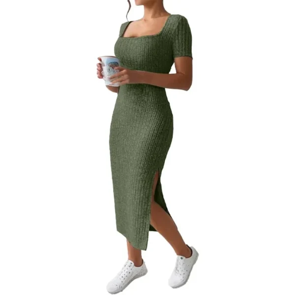 Summer Square Neck, Hip-Hugging Mid-Length Skirt, Short-Sleeved, Versatile Knitted Slit Dress - Imagen 4