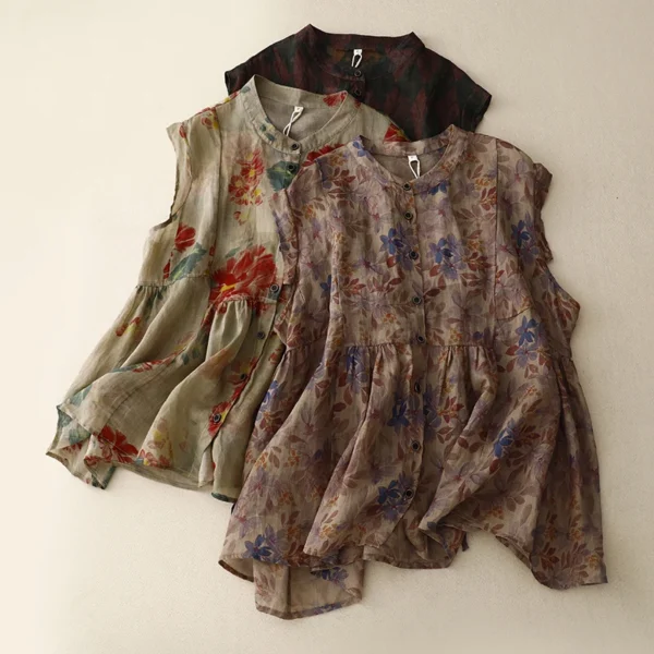 Sleeveless Vest Floral Printing Vintage Linen O-Neck Single Breasted Women's Blouse Shirt Female Clothing Tops 2024 Spring - Imagen 2