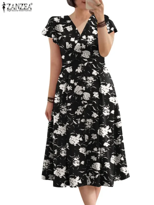 ZANZEA Woman Summer Midi Dress Fashion Floral Print Ruffle Cap Sleeves V-neck A-line Vestidos Casual Fitted-waist Party Sundress - Imagen 5