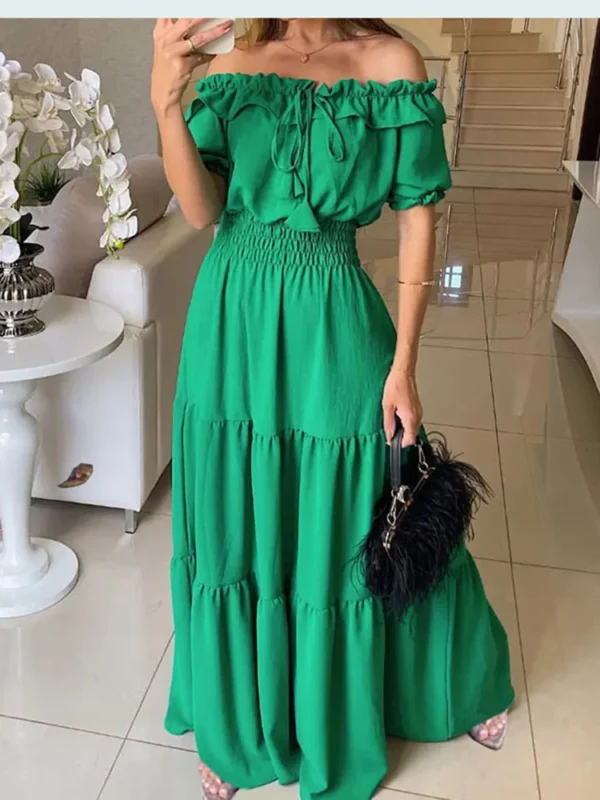 2025 Summer Solid Boho Dress Women Fashion Elegant Beach Party Dress Casual Slash Neck Office Maxi Dresses For Woman Robe Femme - Imagen 2