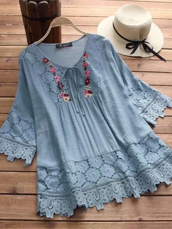 Summer Women Casual New Solid Shirt Tops Cotton And Linen Stitching Lace Flower V-neck Loose Top Blouse Elegant Holiday Shirts - Imagen 4
