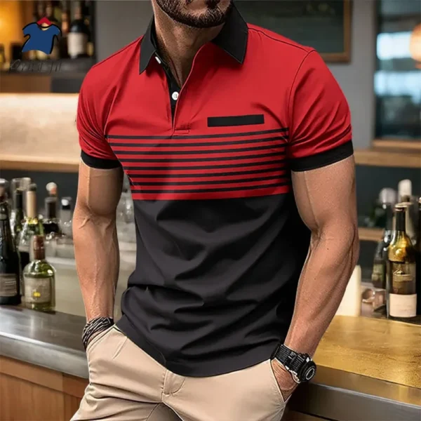 New Business Men's Polo T Shirt Summer Short Sleeve Clothing Fashion Stripe Print Street Casual Buttons Tops Oversized Pullover