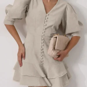Clacive Summer Slim Khaki Linen Women's Dress 2025 Fashion V-Neck Short Sleeve Mini Dresses Elegant Classic Pleated Female Dress