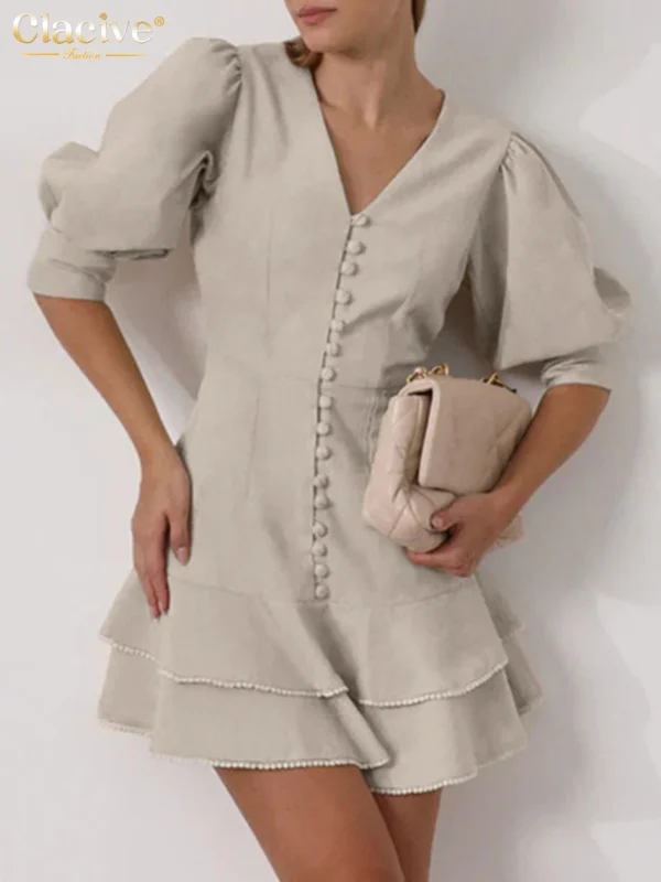 Clacive Summer Slim Khaki Linen Women's Dress 2025 Fashion V-Neck Short Sleeve Mini Dresses Elegant Classic Pleated Female Dress
