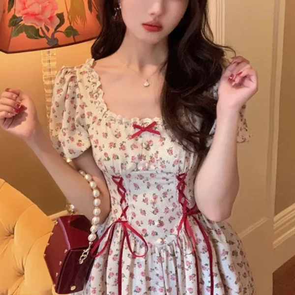 Cute Florals Dress Women Vintage Cottagecore Y2k Puff Sleeve Square Collar Lace-up High Waist Corset Dress Female - Imagen 2
