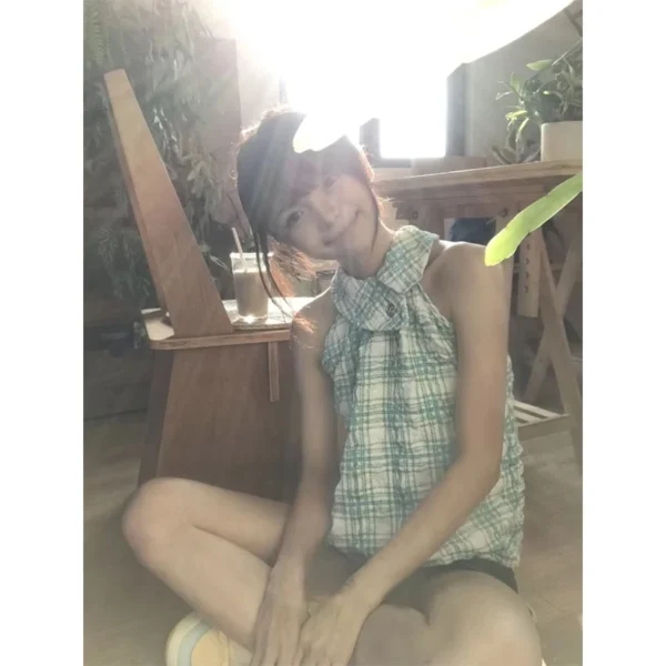 MEXZT Vintage Plaid Shirts Women Harajuku Aesthetic Halter Blouses Summer Streetwear Korean Sleeveless Design Casual Tops New - Imagen 2
