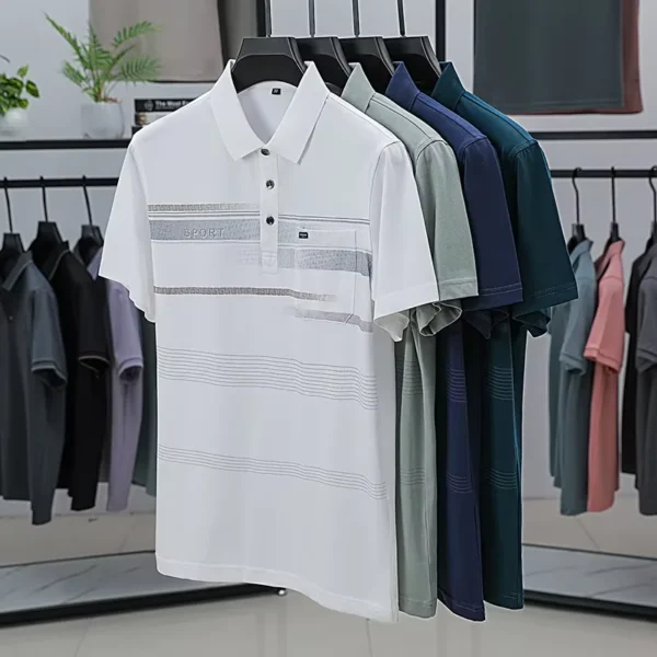 Fashion striped jacquard men's short sleeve polo shirt summer casual sport style letter embossing comfort breathable new T-shirt - Imagen 3