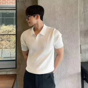 2025 New Men's Fashion Striped V-neck Polo Shirt Light Luxury Knitted T-shirt Casual Slim Fit Short Sleeved Knitted Shirt