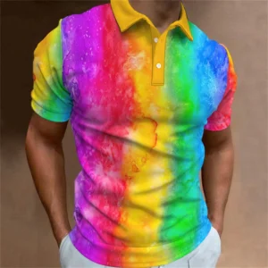 3D Color Graffiti Stripe Print Polo T Shirt For Men Fashion Lapel Short Sleeve Shirts Oversized Casual Golf Blouse Buttons Tops