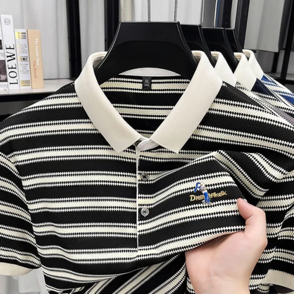 Hot sales classic striped short sleeve men‘s polo shirt trendy brand exquisite embroidery new comfortable casual lapel T-shirt - Imagen 2