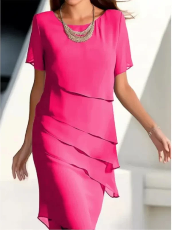 2025 Summer Women's New Solid Color Midi Dress Fashionable Flash Ruffle Edge Round Neck Short Sleeved Casual Comfortable Dress - Imagen 6