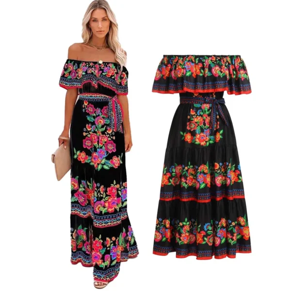 Mexican Traditional Ethnic Mexican Cinco De Mayo Summer Floral Print Off Shoulder Women Mexican Dress - Imagen 2