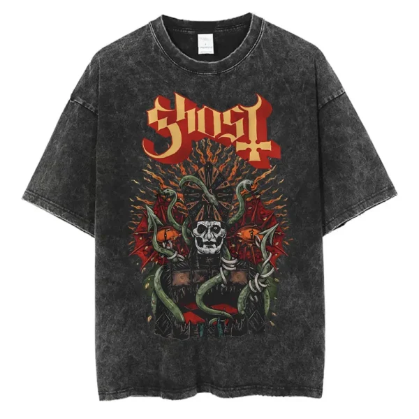 Ghost Band Graphic Tshirt Washed Vintage Skeleton Rock Oversized Print T Shirts Men Women 90s Classic Gothic Punk Metal T-shirt - Imagen 2