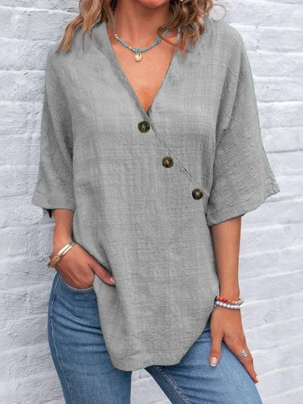 Women's Shirt Top V-neck Solid Casual Loose Shirt Summer Fashion V Neck Elegant Short Sleeve Party Tops Shirts Womens Clothing - Imagen 5