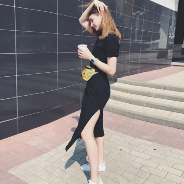Summer Korean Style Midi Dress Women Casual Black Long Dresses Short Sleeve Sexy Plus Size Side Open Party Maxi T Shirt Dress - Imagen 4