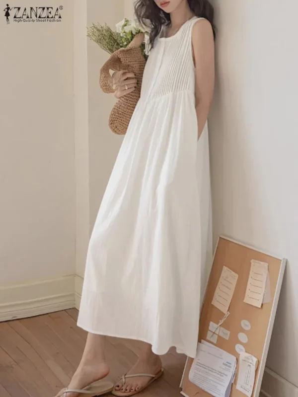 ZANZEA 2024 Summer Holiday Long Dress Solid Sleeveless Pleated Vestidos Korean Fashion Loose Sundress Casual Beach Tank Dresses - Imagen 2