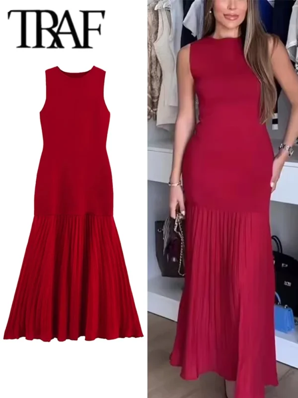 TRAF Spring Summer New Women's Dress Pleated Patchwork Simple Temperament Knitted Sleeveless Long Dresses for Women 2025