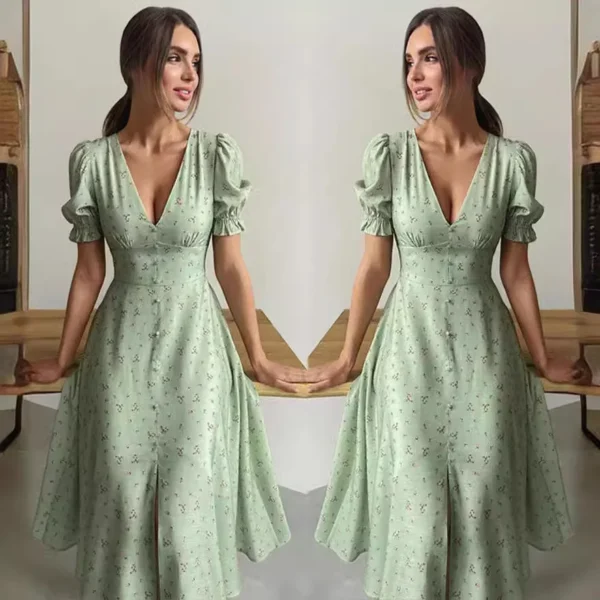 Summer Elegant Dresses Long V-neck Lantern Sleeves Double Buttons Sexy Dress Short Sleeves Party Robe Female Clothes vestidos - Imagen 4