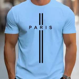 Men's 100% pure cotton summer loose fitting oversized Paris print casual slim fit round neck short sleeved T-shirt top